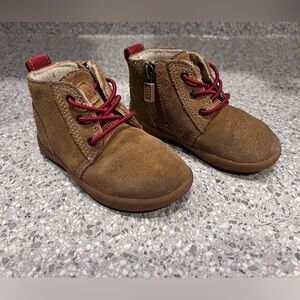 Ugg Boots: Kids Brown Suede Ankle Boots with Red Laces